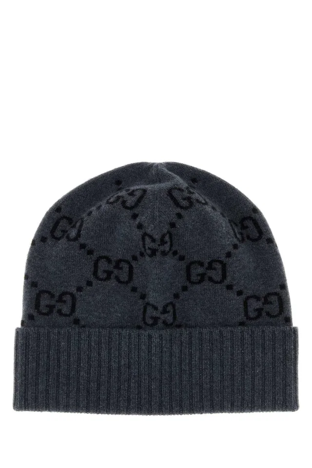 Gucci Hat Gg Embroidered Cashmere Beanie — Gray Exterior: Beanies in Grey Cashmere from HEWI