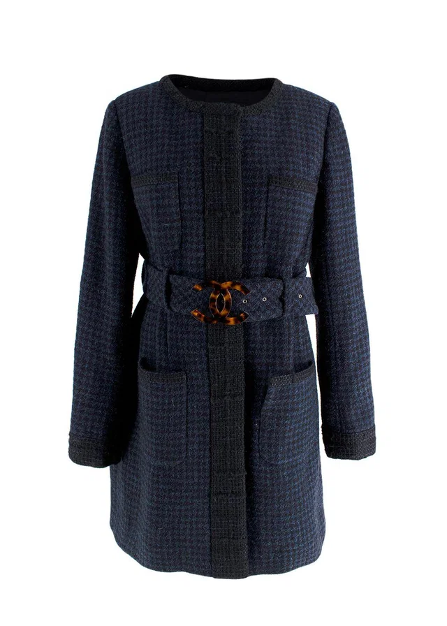 Chanel Navy Houndstooth Belted Wool Jacket in Navy Wool from HEWI
