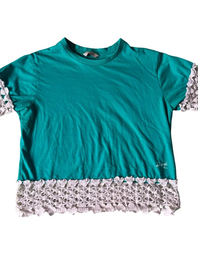 Diesel Women’s Teal Knit Hand Made Crochet Trim Short Sleeve T-Shirt Size S in blue|white from Poshmark