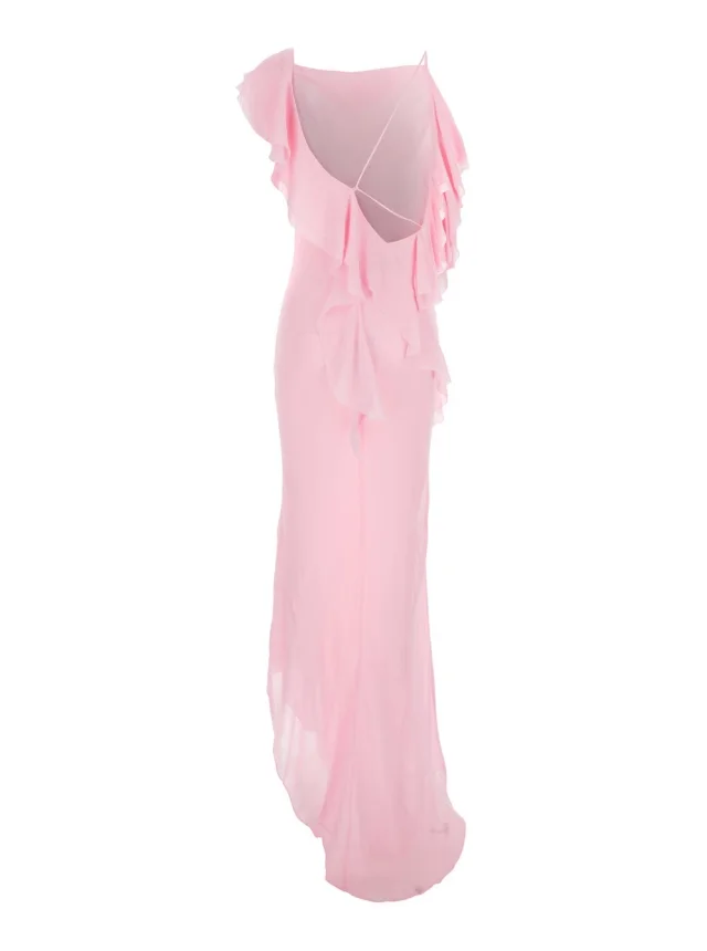SELF-PORTRAIT Pink Long Dress with Ruffles in Georgette for Women in Pink 100% Fabric, photo 3 of 6 from Gaudenzi Boutique
