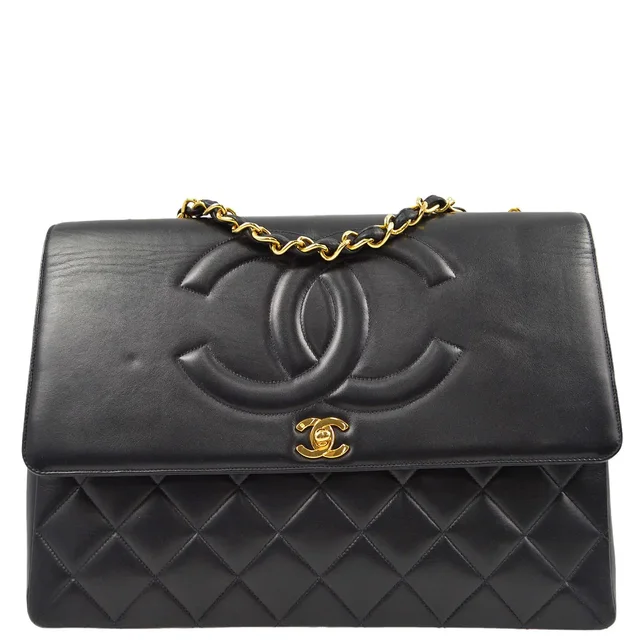 Chanel 1991-1994 Black Lambskin Maxi Straight CC Flap in Black Lambskin from AMORE Vintage Tokyo