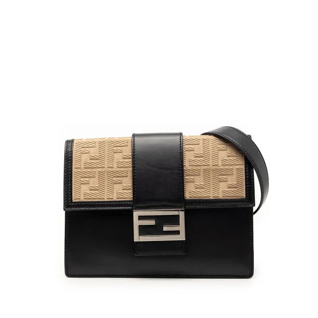 Black Fendi Calfskin and Canvas FF 1974 Flat Baguette Crossbody in Black Calfskin from Designer Revival