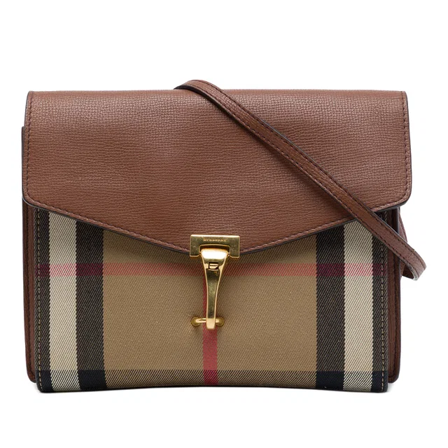 Brown Burberry Small Leather and House Check Canvas Derby Macken Crossbody in Brown Canvas from Designer Revival