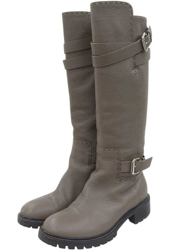 Fendi Leather long boots #36.5 Greige in Taupe Leather from VINTAGE QOO TOKYO