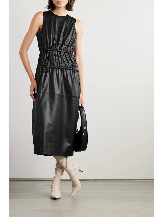 PROENZA SCHOULER WHITE LABEL Tiered ruched faux leather midi dress in Black, photo 2 of 2 from NET-A-PORTER (Canada)