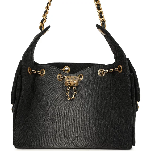 Chanel Small 25 Hobo Bag Black Washed Denim Antique Gold Hardware in Black Denim from Madison Avenue Couture