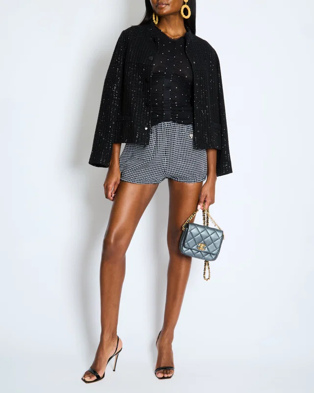 Chanel Black and White Checkered Micro Shorts with Silver Metallic Details and Silver CC Logo Buttons… in Black from Sellier