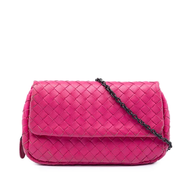 Pink Bottega Veneta Mini Nappa Intrecciato Expandable Chain Flap Crossbody in Pink Nappa leather from Designer Revival