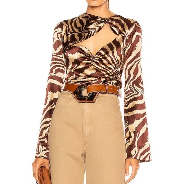 GANNI Tannin Animal Print Silk Stretch Satin Baddie Blouse Size Eu 38/ Us 6 in brown|red|neutral Satin from Poshmark