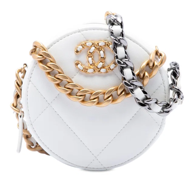 White Chanel Quilted Goatskin 19 Round Clutch With Chain Satchel in White Goatskin from Designer Revival