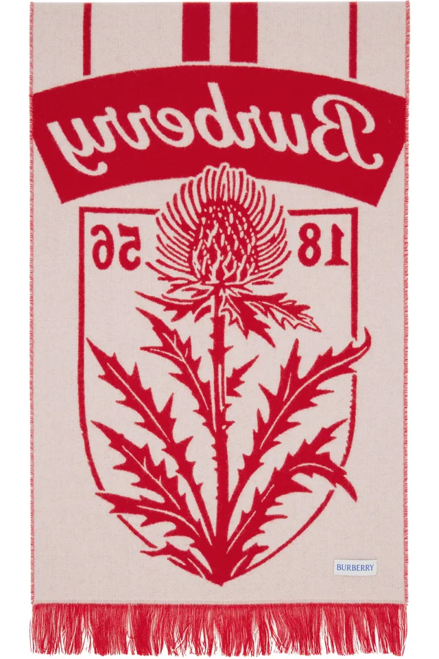 Burberry Red Thistle Shield Wool Scarf, photo 2 of 3 from SSENSE