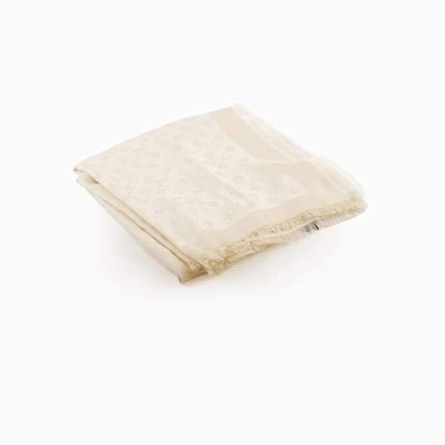Louis Vuitton Monogram Shine Shawl, Blanc (White) in White Silk from The Purse Affair