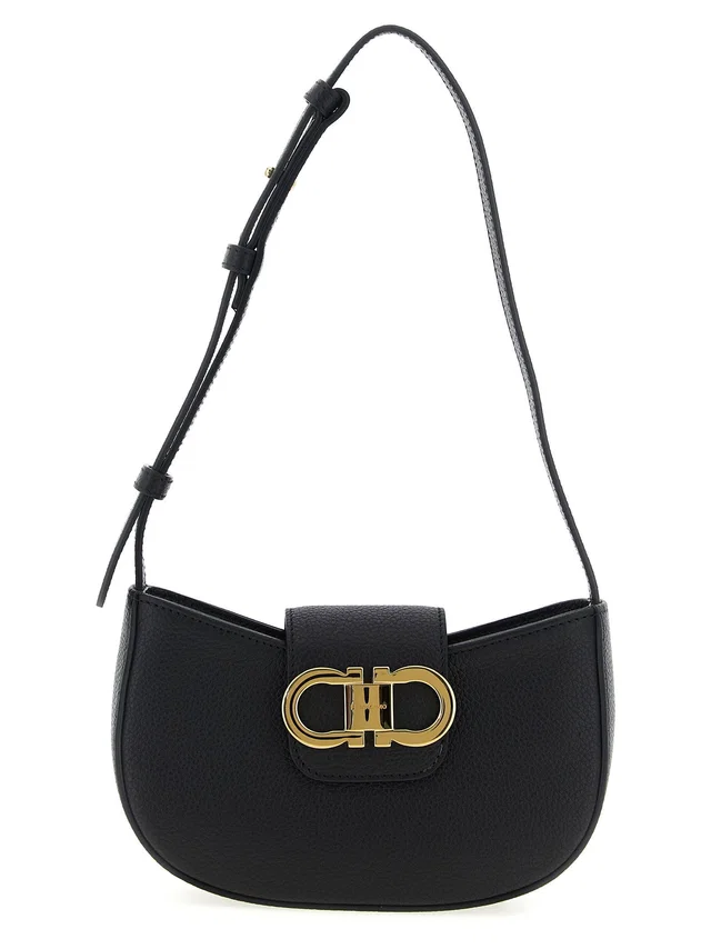 Ferragamo Gancini Logo Hammered Leather Shoulder Bag — Black in Black Leather from HEWI