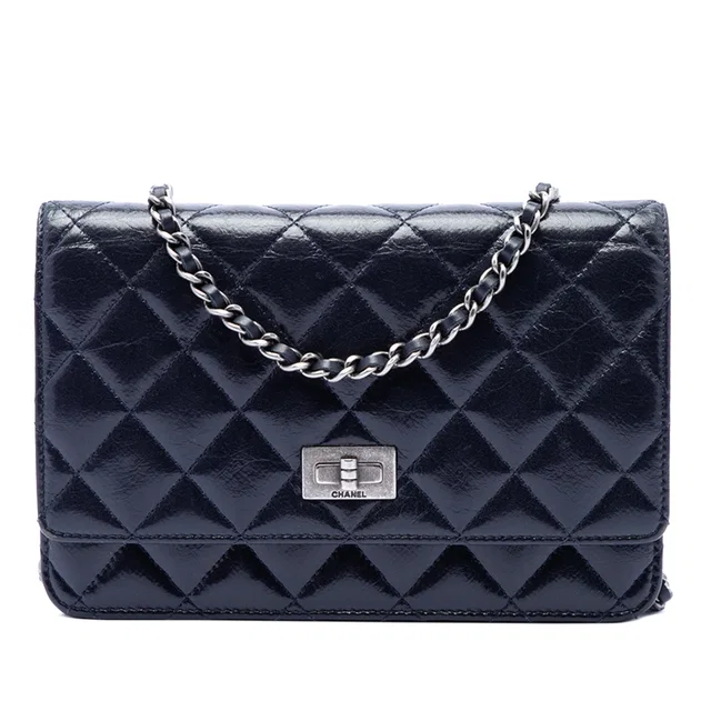 Blue Chanel Quilted Shiny Aged Calfskin Reissue 2.55 Wallet on Chain Crossbody Bag in Blue Calfskin from Designer Revival