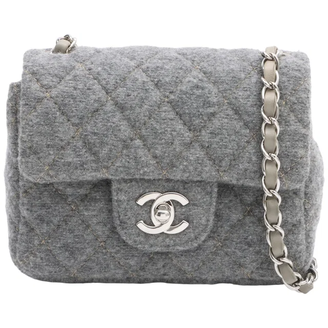 Chanel Wool Classic Flap Chain Mini Bag Grey, circa 2005 in Grey Wool from VINTAGE QOO TOKYO