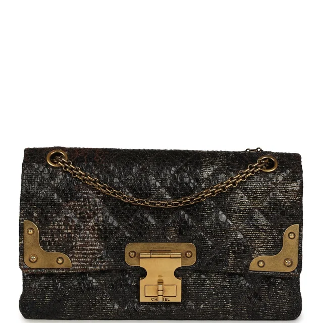 Chanel Medium Paris-Shanghai Reissue 226 2.55 Double Flap Bag Gold Glazed Tweed Antique Gold Hardware in Gold Tweed from Madison Avenue Couture