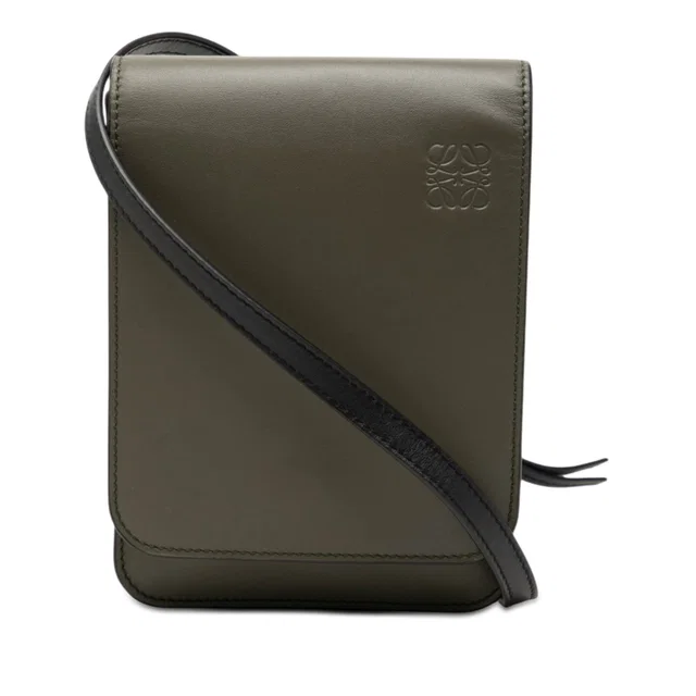 Green LOEWE Bicolor Leather Anagram Gusset Flat Crossbody in Green Leather from Designer Revival