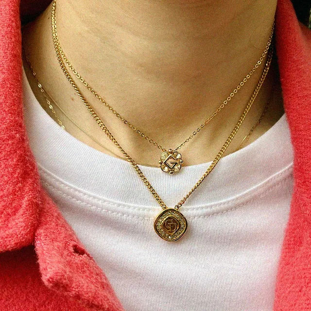 Givenchy Rhinestone Logo Plate Necklace Gold in Gold from VINTAGE QOO TOKYO