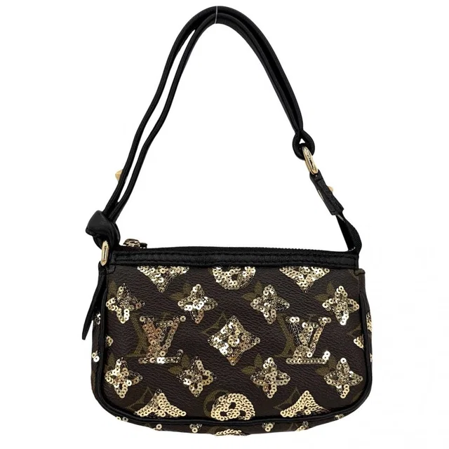 Louis Vuitton Handbag Monogram Eclipse Sequin Mini Pochette Brown Black Gold in Black Canvas from The Reluxe