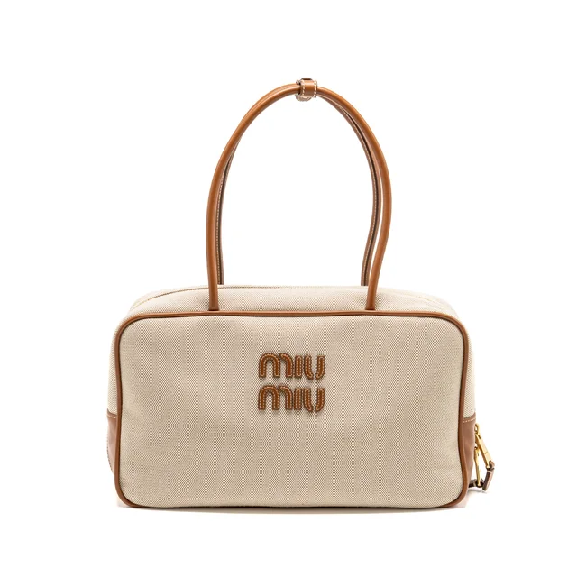 Miu Miu Beau Bag canvas/ leather Beige/ Brandy GHW in Beige Canvas from EMIER