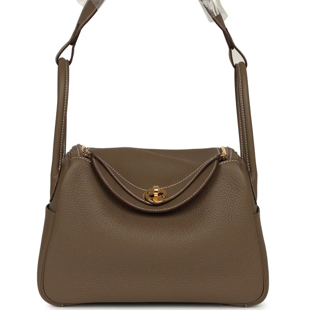 Hermès Lindy 26 Etoupe Clemence Gold Hardware in Taupe Clemence leather from Madison Avenue Couture
