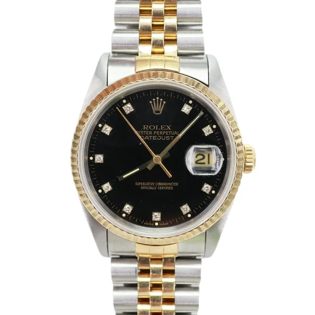 Rolex Datejust 36mm 18k Gold Steel Fluted Bezel Black Diamond Dial Watch 16233 in Black from Dallas Designer Handbags