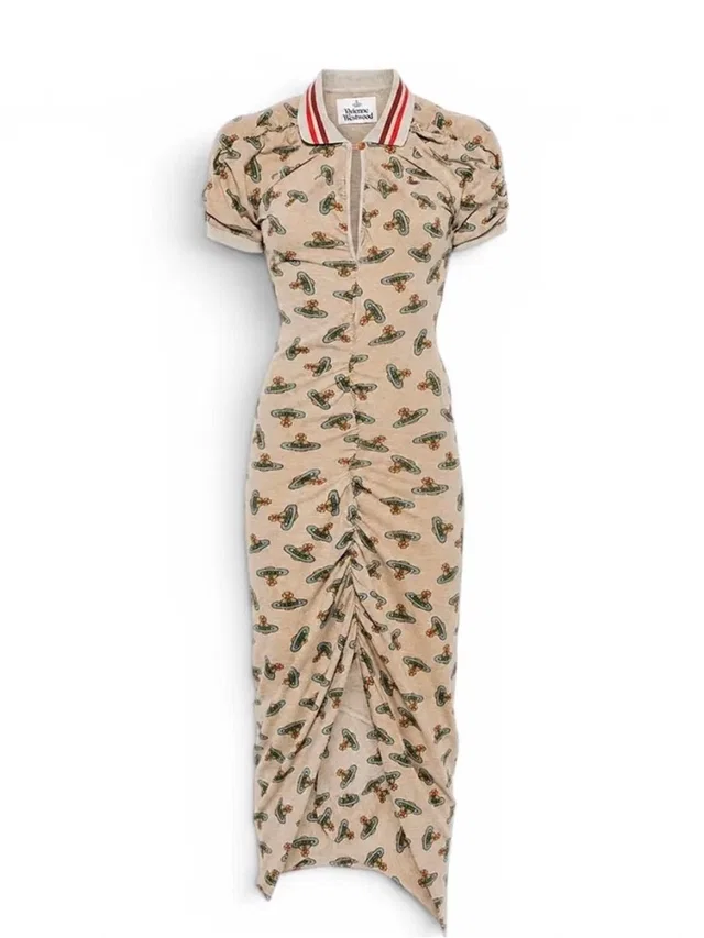 Vivienne Westwood Orb Print Polo Ruched Midi Dress Size M in neutral|brown|red from Poshmark