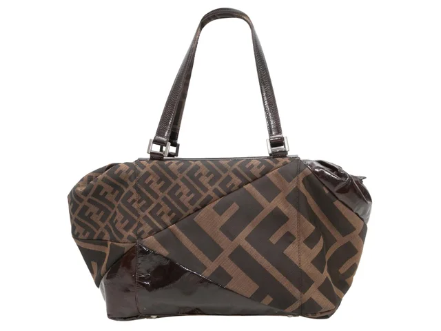 Brown Fendi Zucca & Patent Patchwork Boston Bag in Brown Patent leather from Designer Revival