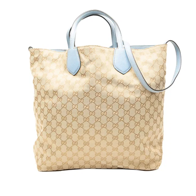 Tan & Blue Gucci GG Canvas Reversible Tote Satchel in Brown Canvas from Designer Revival