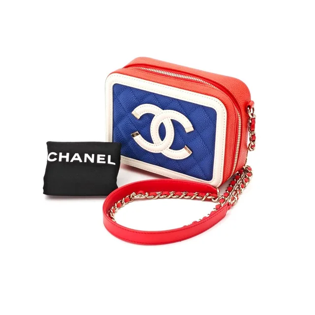 Chanel CC Logo CC Filigree Mini Bag Tricolor Pouch Red Blue White in White Leather from The Reluxe