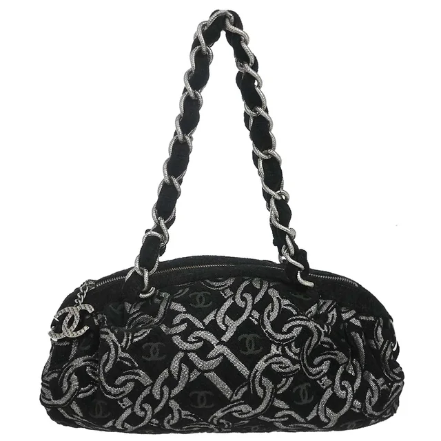Chanel 2005-2006 Black Silver Cotton Jacquard Chain Handbag in Black from AMORE Vintage Tokyo
