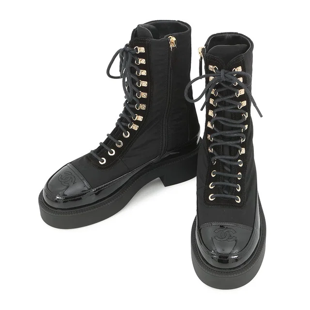 Chanel CC Logo Lace-Up Boots BlackG38086 Nylon Patent Leather Size 36C in Patent leather from GALLERY RARE