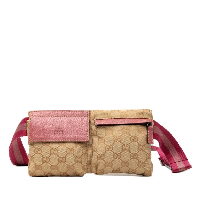 Beige Gucci GG Canvas Web Double Pocket Belt Bag in Beige Canvas from Designer Revival