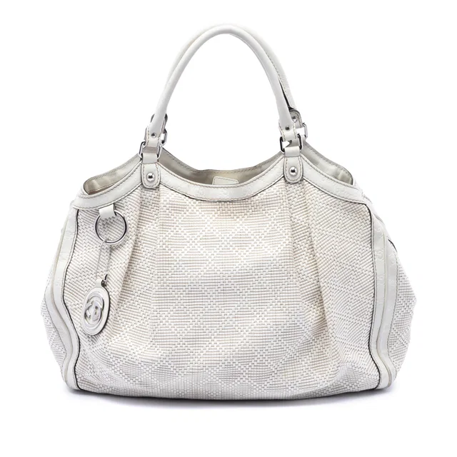 White Gucci Large Diamante Raffia Sukey Tote in White Raffia from Designer Revival