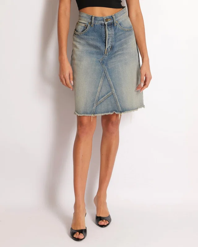 Saint Laurent Denim Mini Skirt with Asymmetric Stitch Details Size 26 (UK 8) in Denim from Sellier