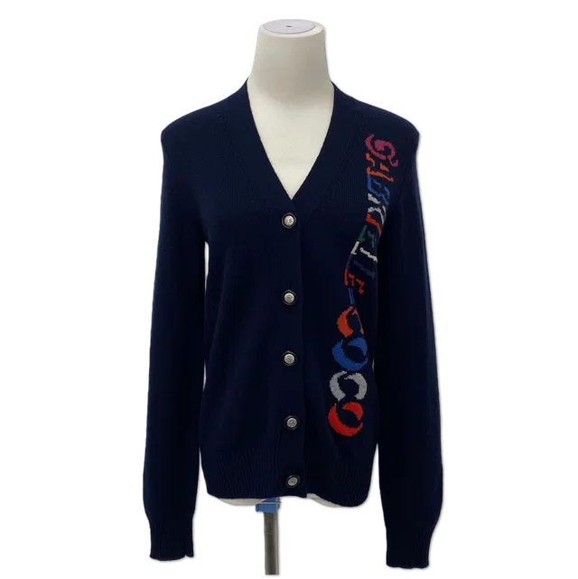 Chanel Navy Intarsia Logo V-Neck Cardigan size 34 in Navy from Luxury Promise