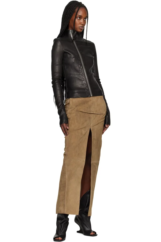Rick Owens Tan Temple Sliced Suede Midi Skirt, photo 4 of 4 from SSENSE