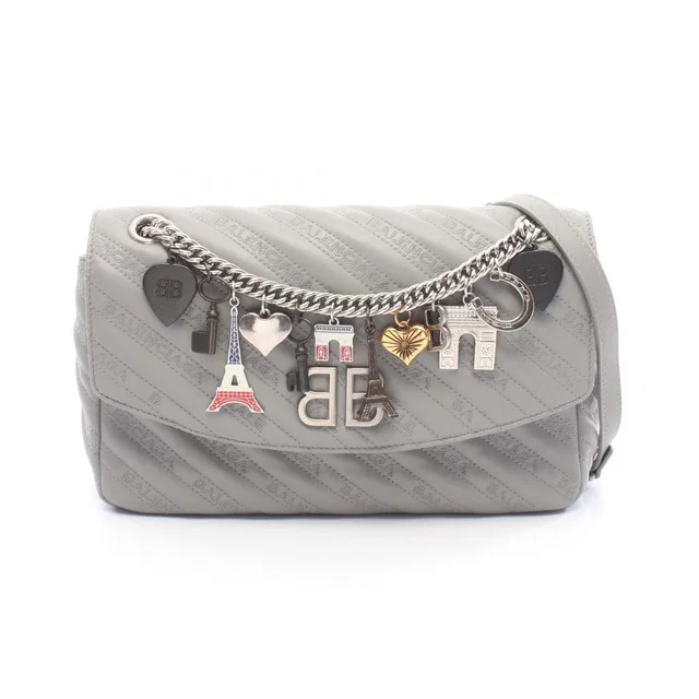 Balenciaga Shoulder Bag BB Round Gray Leather Chain in Grey Leather from The Reluxe