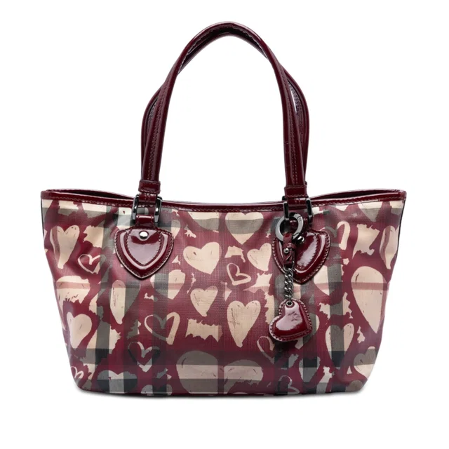 Red Burberry House Check Coated Canvas Hearts Gracie Tote in Red Coated canvas from Designer Revival