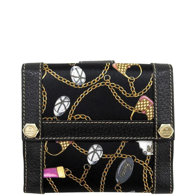 Gucci Satin Multi-Motif Double-Hook Wallet - Black in Black Satin from VINTAGE QOO TOKYO
