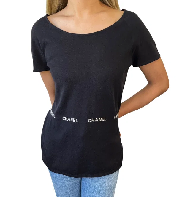 Chanel Vintage 04P Logo Knit T-shirt Top #40 Round Neck Black White Cotton in Black from Luxury Promise