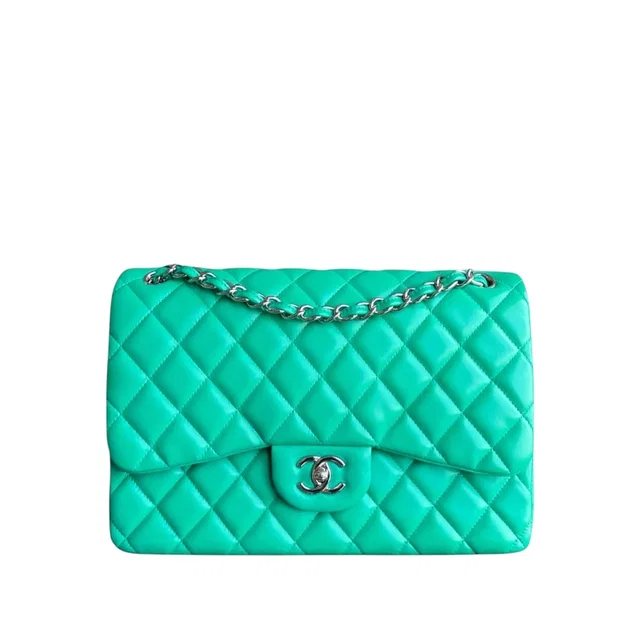 Chanel Classic Flap Jumbo - Double Flap 30cm Quilted Lambskin Green Silver Hardware Series 16 in Green Lambskin from Luxury Promise