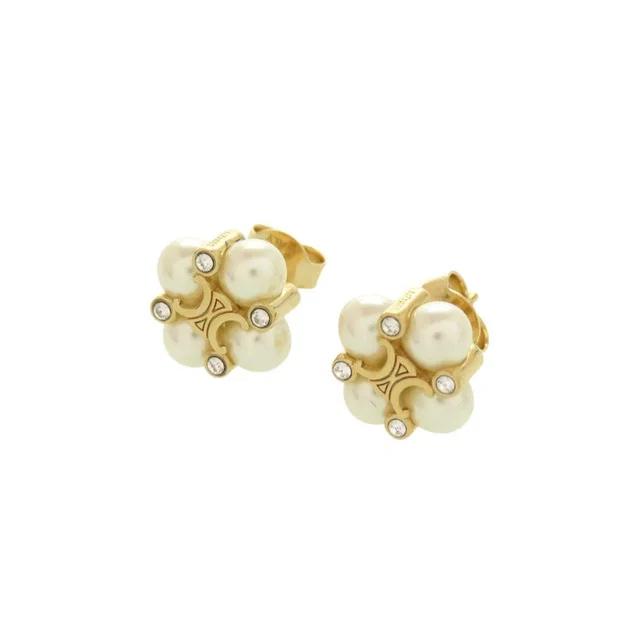 Celine Triomphe Faux Pearl Stone Gold Earrings in Gold from The Reluxe