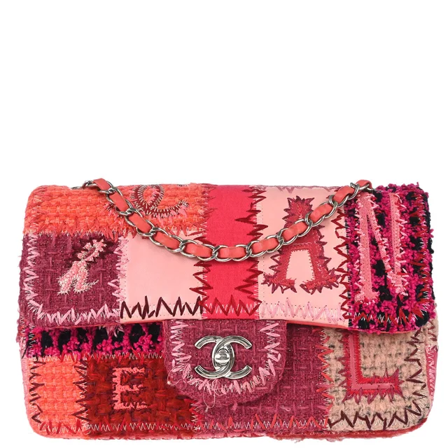 Chanel 2017 Pink Tweed Patchwork Single Flap Shoulder Bag in Pink Tweed from AMORE Vintage Tokyo
