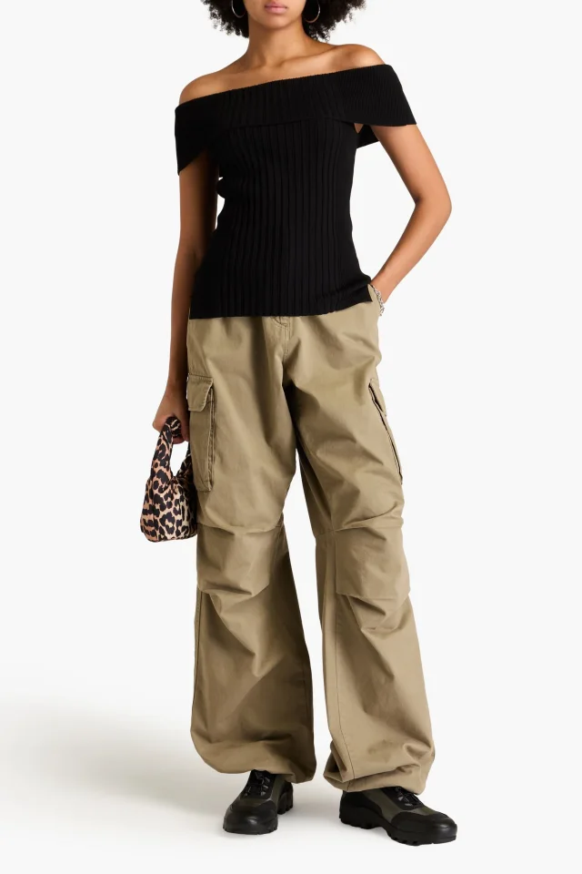 Ganni Off-the-Shoulder Ribbed-Knit Top in Black, photo 2 of 4 from THE OUTNET