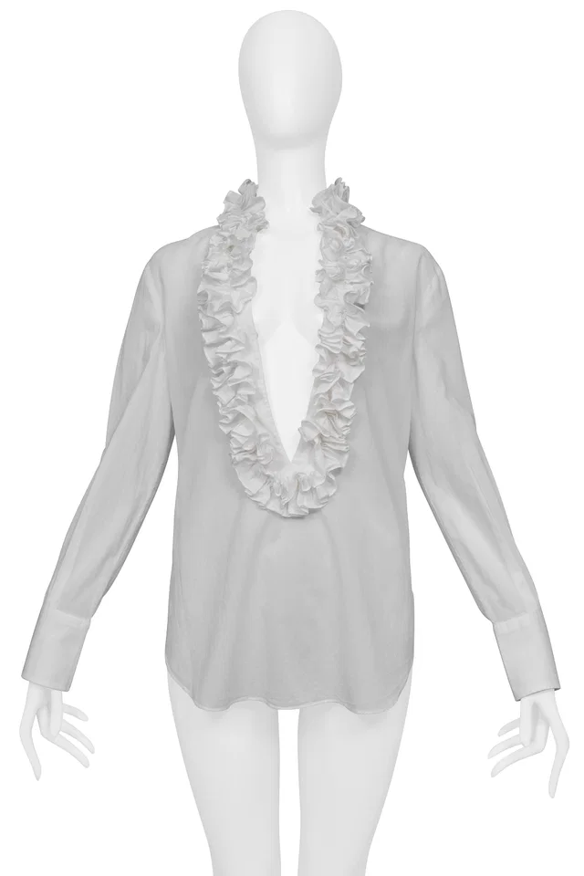 Dolce & Gabbana White Blouse With Deep V Neckline & Ruffles in White from Resurrection Vintage