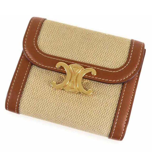 Celine Small Flap Wallet Natural Tan Canvas Calfskin Triomphe Trifold in Brown Calfskin from The Reluxe