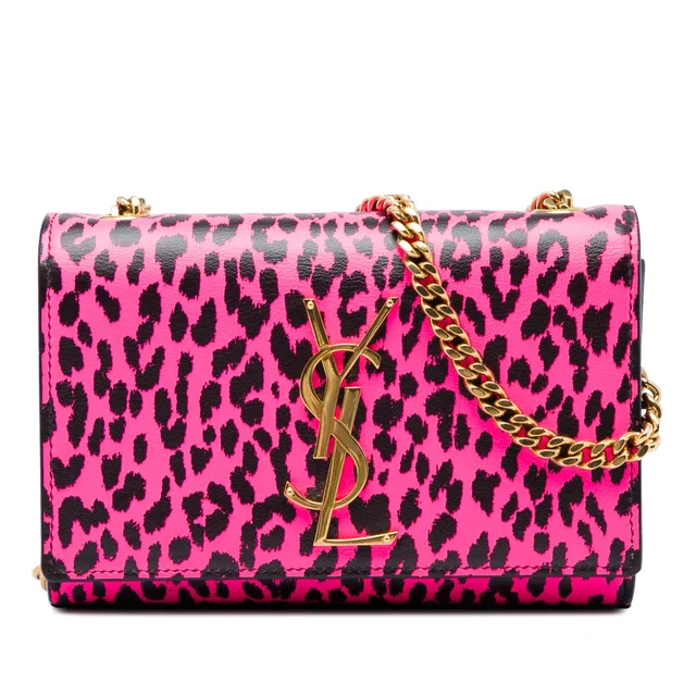 Pink Saint Laurent Small Calfskin Leopard Print Monogram Kate Crossbody in Pink Calfskin from Designer Revival