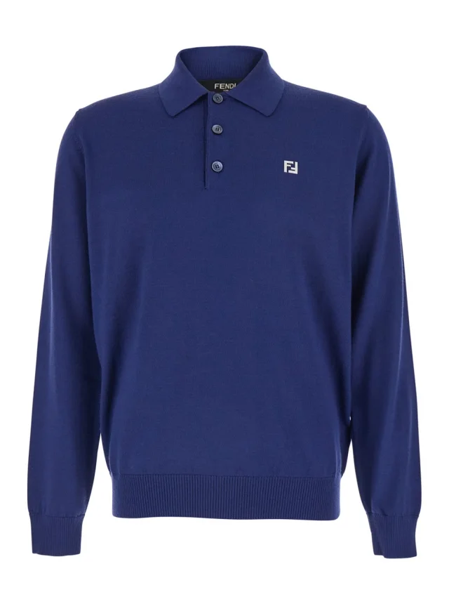 Blue Long Sleeve Polo with Classic Collar and FF Plate on the Front in Wool for Men in Blue, image 1 of 1 from Gaudenzi Boutique