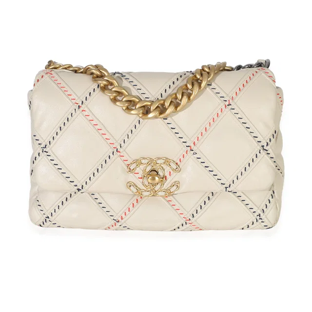 Beige Multicolor Quilted Lambskin Mixed Fibers Medium Chanel 19 Flap Bag in Beige Lambskin from myGemma